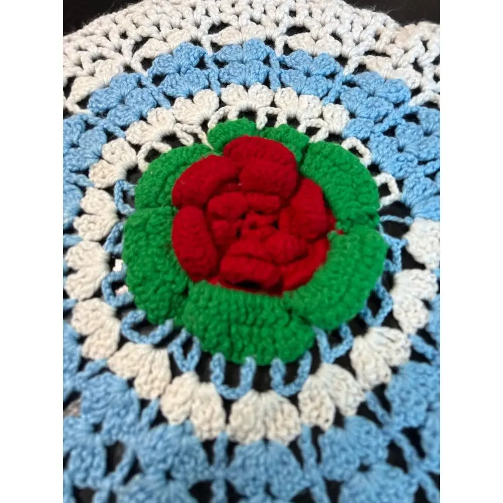 Vintage Crochet- Large Cottagecore Doily table covering White Blue Red rose- 16